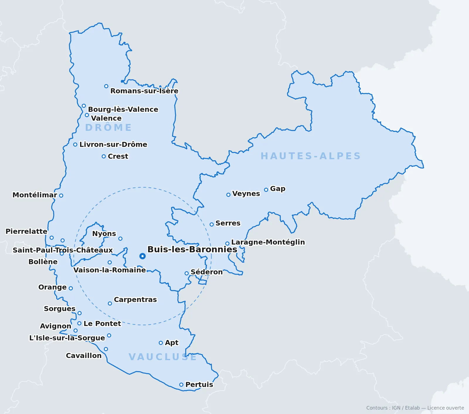 Communes desservies dans les trois départements