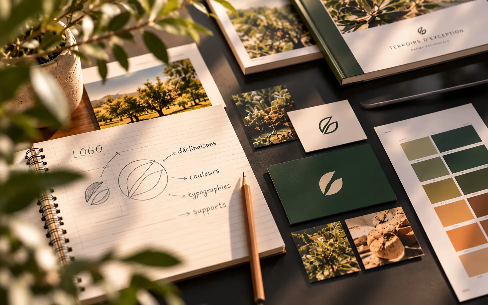 Croquis de logo, cartes et nuancier de couleurs
