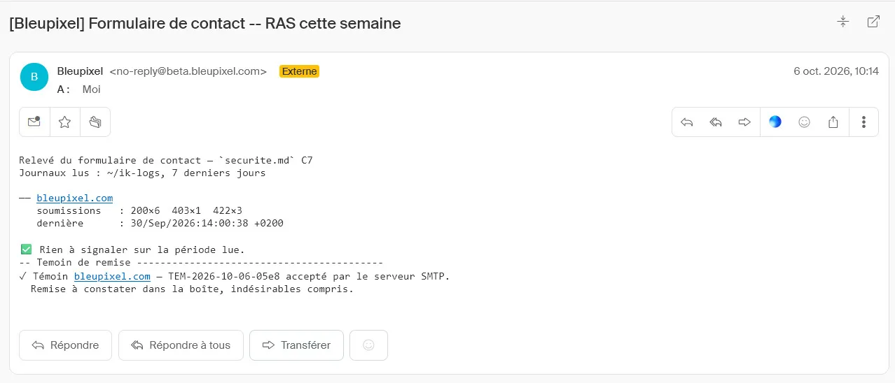 Relevé hebdomadaire du formulaire reçu par mail