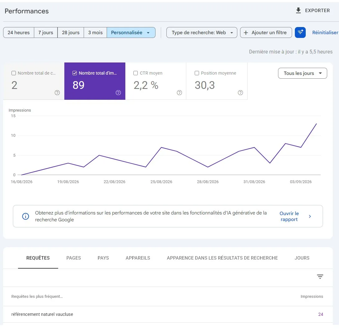 Rapport de performances Search Console de ce site